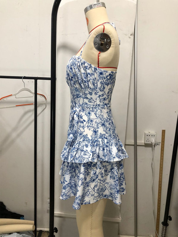 Women's Dress Floral Ruffles Halter Neck Sexy Waist Skirt