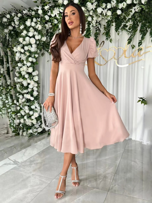 New Commuting Solid Color V-Neck Waist Puff Sleeve Swing Dress