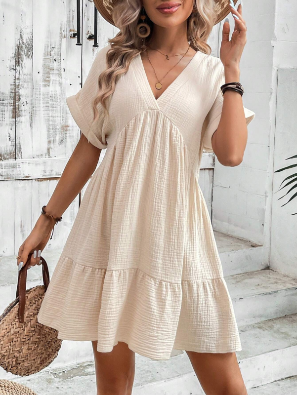 New solid color V-neck loose pleated dress