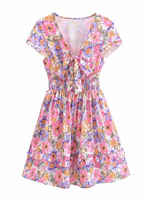 New French floral chest tie waist stitching A-line skirt short-sleeved dress - D'Sare