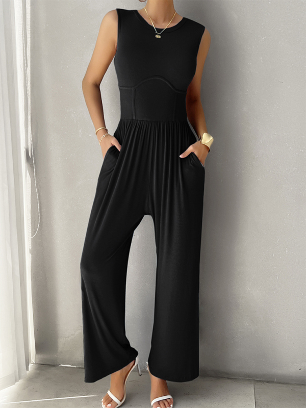 Spring and summer solid color slim fit sleeveless jumpsuit