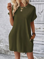 New spring and summer solid color round neck loose short sleeve pocket dress - D'Sare