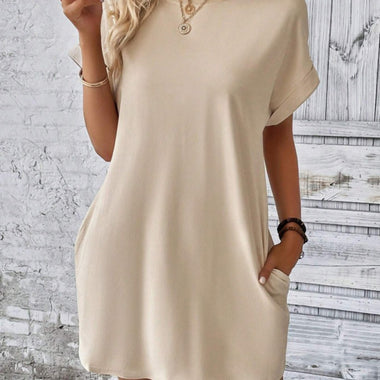 New spring and summer solid color round neck loose short sleeve pocket dress - D'Sare