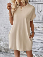 New spring and summer solid color round neck loose short sleeve pocket dress - D'Sare