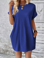 New spring and summer solid color round neck loose short sleeve pocket dress - D'Sare