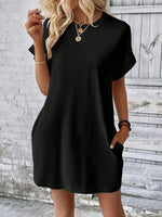 New spring and summer solid color round neck loose short sleeve pocket dress - D'Sare