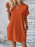 New spring and summer solid color round neck loose short sleeve pocket dress - D'Sare