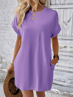 New spring and summer solid color round neck loose short sleeve pocket dress - D'Sare