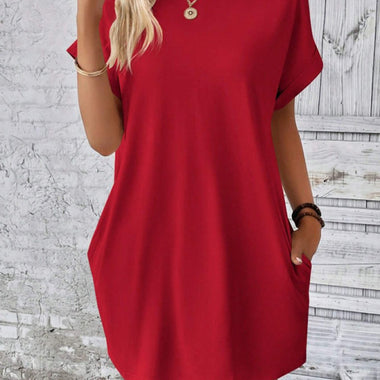 New spring and summer solid color round neck loose short sleeve pocket dress - D'Sare