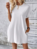 New spring and summer solid color round neck loose short sleeve pocket dress - D'Sare