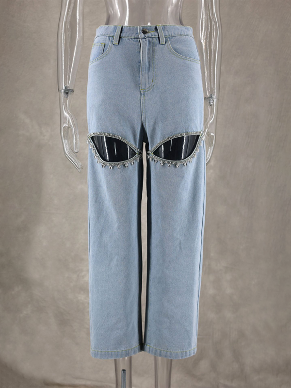 New fashionable blue ripped straight jeans
