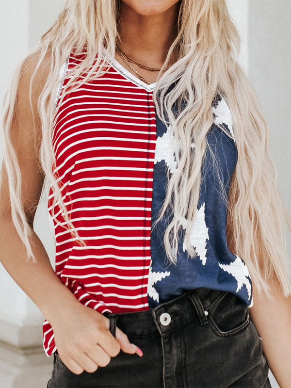 New American Flag Printed Independence Day Trendy Color Blocking U-neck Pullover Top
