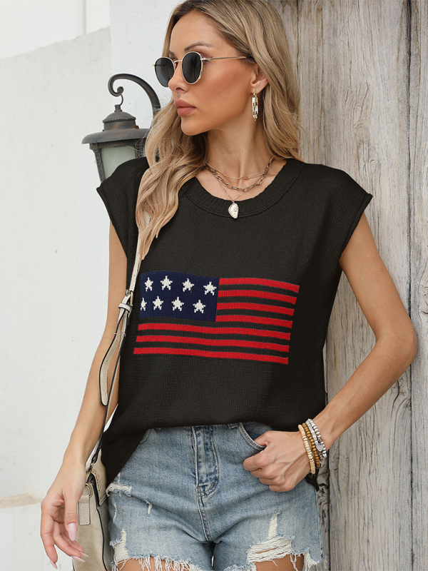 New Independence Day Round Neck Flag Knit Short Sleeve Sweater