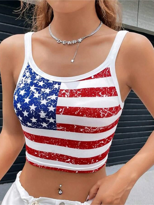 Independence Day flag print short slim fit Y2K navel-baring sexy top