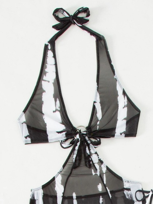 Fashion new style printed mesh backless bikini three piece swimsuit