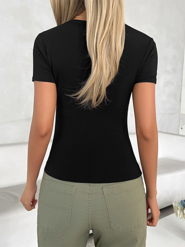 Women's casual U-neck slim fit solid color T-shirt