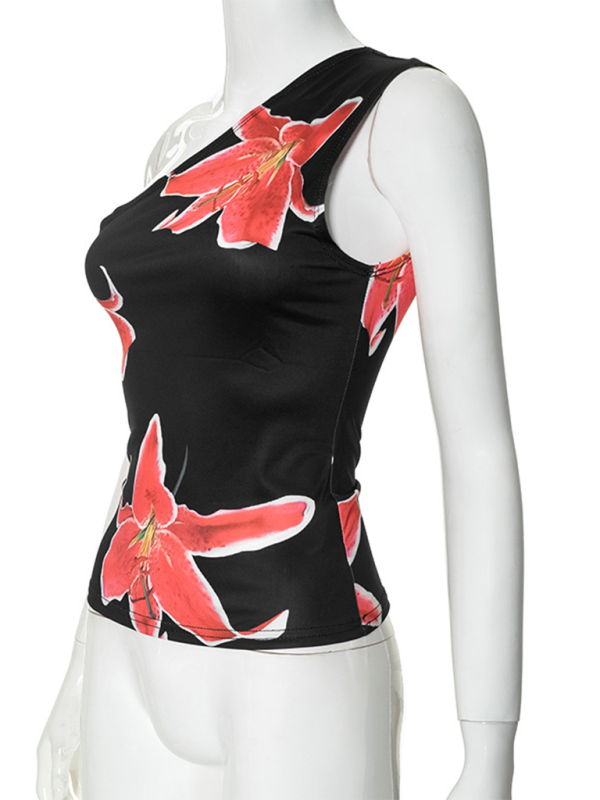 New floral lily print slant neck one shoulder sleeveless vest top