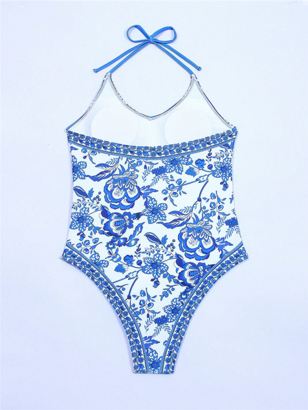 New women's one-piece blue and white porcelain print slim fit swimsuit