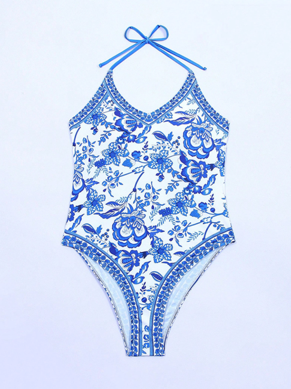New women's one-piece blue and white porcelain print slim fit swimsuit