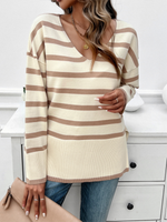 Autumn and winter women's loose contrast color v-neck long-sleeved sweater - D'Sare