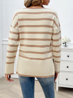 Autumn and winter women's loose contrast color v-neck long-sleeved sweater - D'Sare