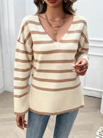 Autumn and winter women's loose contrast color v-neck long-sleeved sweater - D'Sare