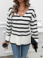 Autumn and winter women's loose contrast color v-neck long-sleeved sweater - D'Sare