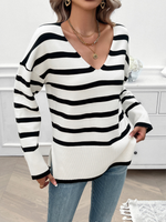 Autumn and winter women's loose contrast color v-neck long-sleeved sweater - D'Sare