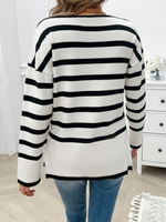 Autumn and winter women's loose contrast color v-neck long-sleeved sweater - D'Sare