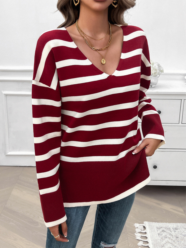 Autumn and winter women's loose contrast color v-neck long-sleeved sweater