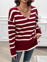 Autumn and winter women's loose contrast color v-neck long-sleeved sweater - D'Sare