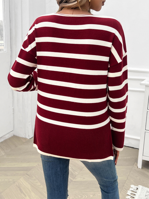 Autumn and winter women's loose contrast color v-neck long-sleeved sweater