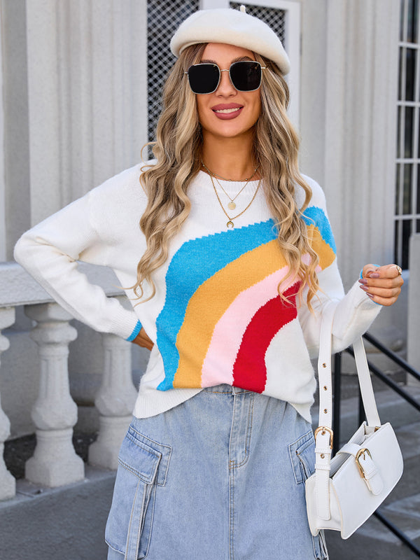 Women's Rainbow Striped Crew Neck Knitted Fashion Sweater