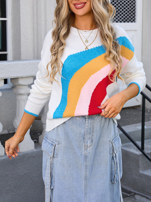 Women's Rainbow Striped Crew Neck Knitted Fashion Sweater