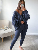 Women's Fashion V-neck Solid Color Suit Sweater + Knitted Pants