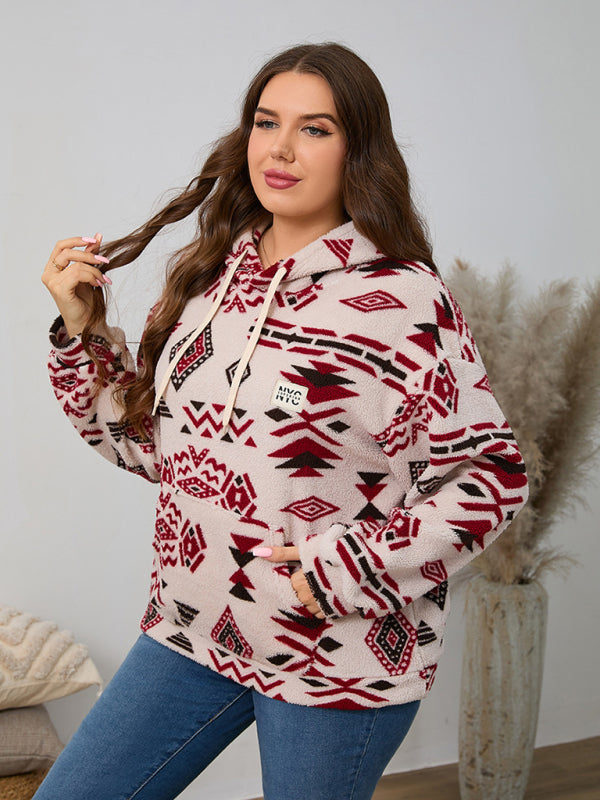 Plus size women's loose casual geometric pattern thickened plush sweatshirt jacket