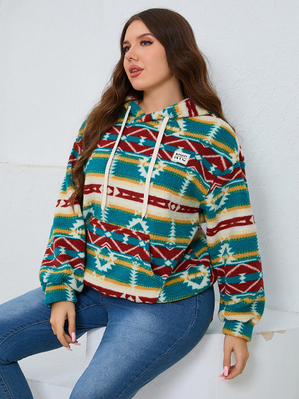 Plus size women's loose casual geometric pattern thickened plush sweatshirt jacket