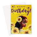 “Charming Sunflower Birthday Card for Little Girls - Vibrant Yellow & Purple Design with Joyful Wishes Greeting Card by D'Sare