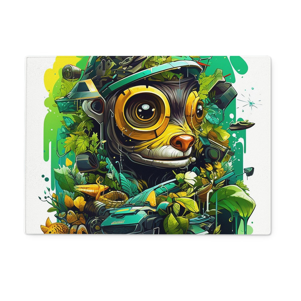 Nature's Resilience: Surreal Auto-Forest Artwork - Whimsical Raccoon and Greenery Infused Car  Glass Chopping Board