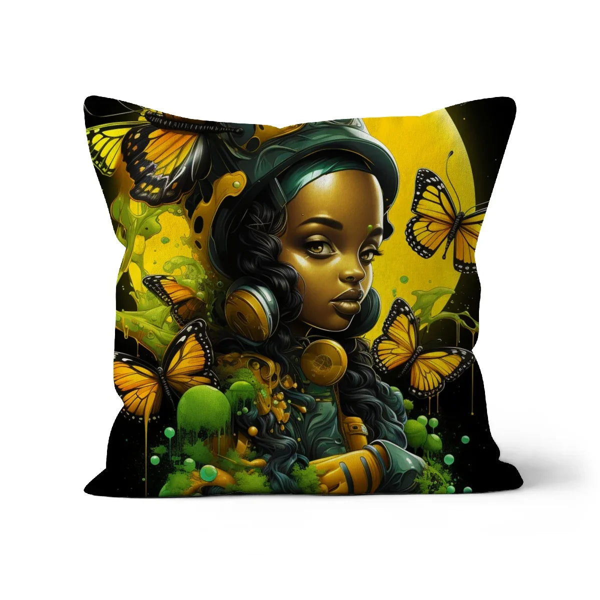 Afrofuturistic Girl with Butterflies Cushion by Prodigi