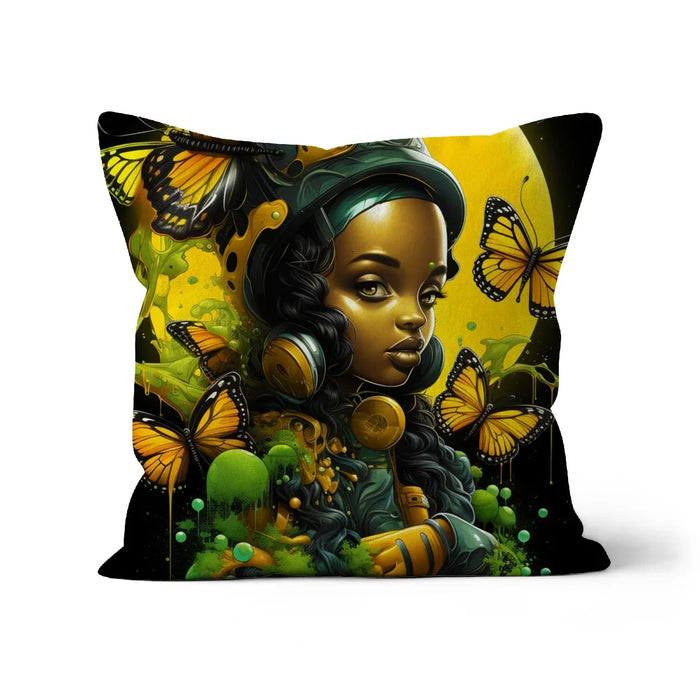 Afrofuturistic Girl with Butterflies Cushion