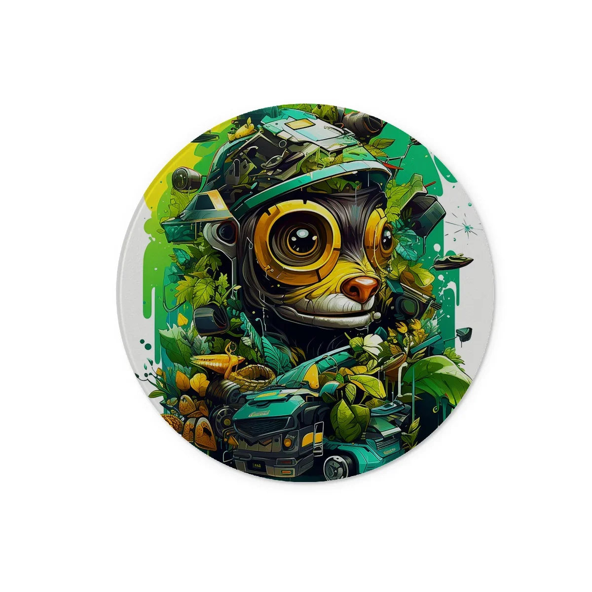 Nature's Resilience: Surreal Auto-Forest Artwork - Whimsical Raccoon and Greenery Infused Car Glass Chopping Board by Prodigi