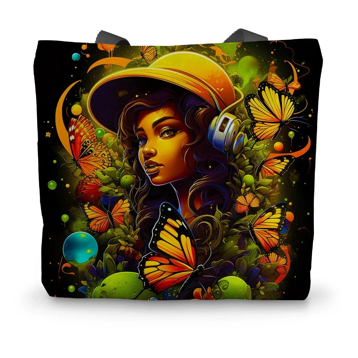 Urban Girl Neon Butterfly Headphone Pop Canvas Tote Bag by Prodigi