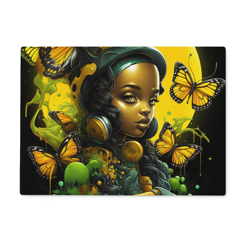 Afrofuturistic Girl with Butterflies Glass Chopping Board by Prodigi