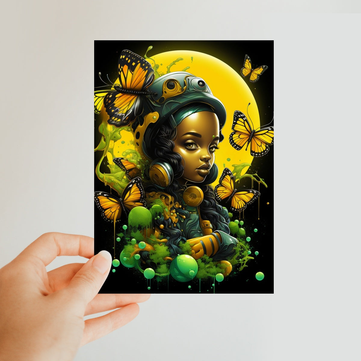Monarch Butterfly Urban Fantasy Art Print - Afrofuturistic Girl with Butterflies Classic Postcard