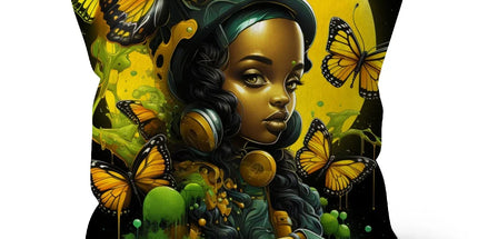 Monarch Butterfly Urban Fantasy Art Print - Afrofuturistic Girl with Butterflies Cushion - D'Sare