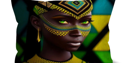 Vibrant Afro Essence Artwork - African Woman in Black, Green, Yellow & Blue Cushion - D'Sare