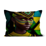 Vibrant Afro Essence Artwork - African Woman in Black, Green, Yellow & Blue Cushion