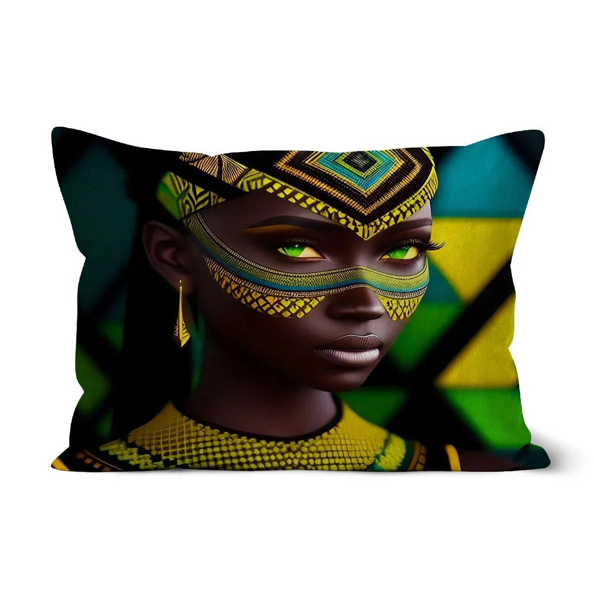 Vibrant Afro Essence Artwork - African Woman in Black, Green, Yellow & Blue Cushion - D'Sare