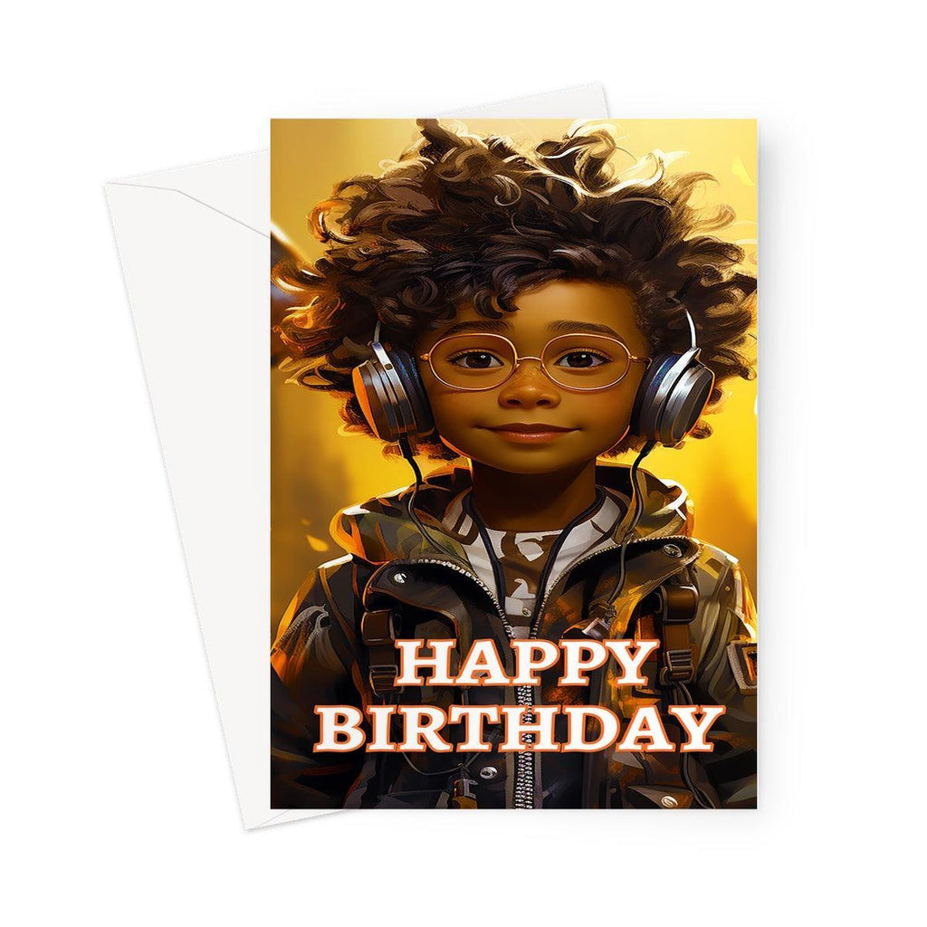 Little Boy Dino Dream Earphone: MelanatedMe Adventures by D'Sare Greeting Card - D'Sare 